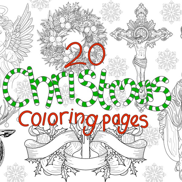 20 unique Christmas colouring pages, printable, instant download, kids, adults, festive activities, religious, cute, animals, fun, school