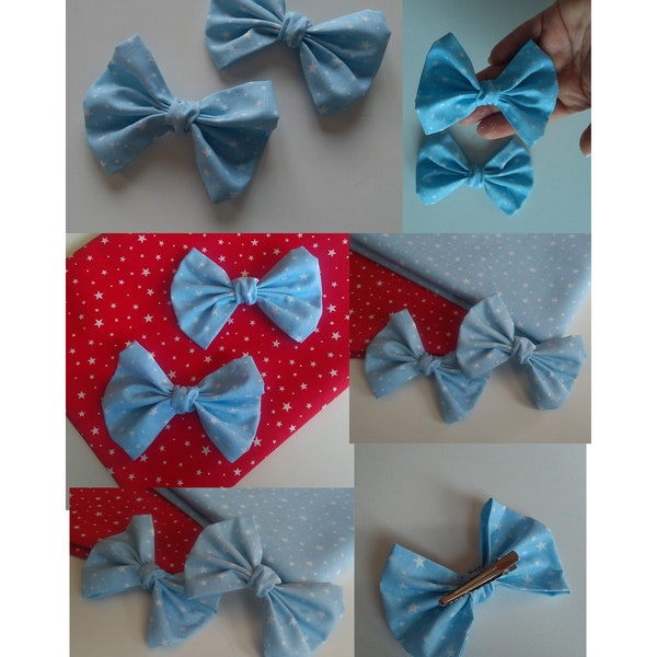 Red bow hair clips, white stars on blue cotton fabric bow, 2 two pieces accessories, posh cute girl accessory, U choose color headpiece clip