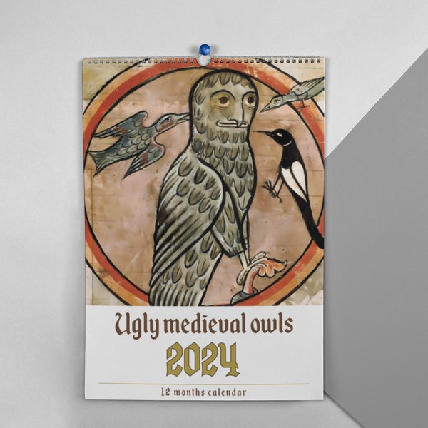 Funny medieval owl paintings calendar 2024, calendar for pet lovers, bestfriends for Christmas, cat and pet calendar