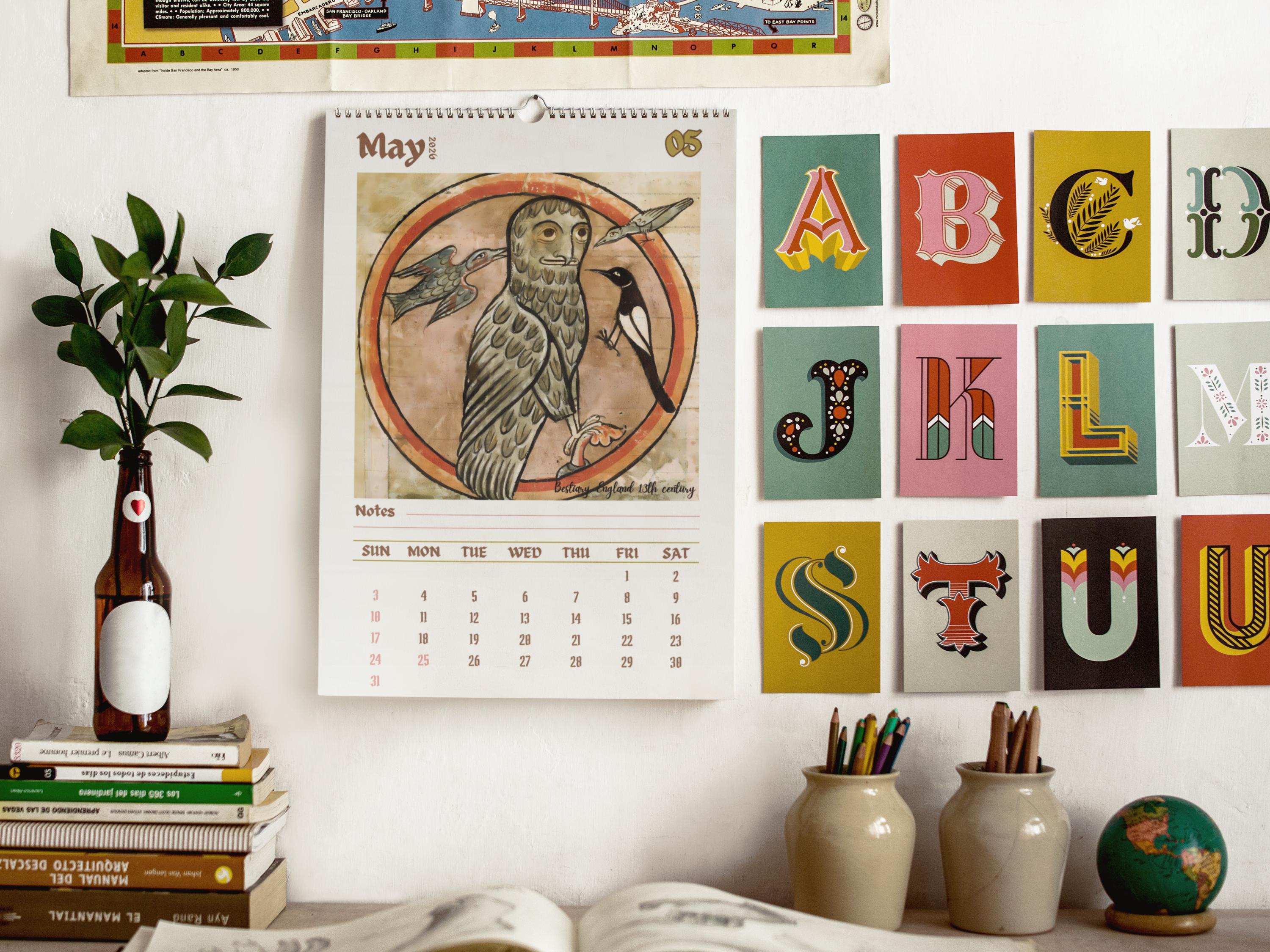 Calendrier Mural 2026 'Animaux Médiévaux Moches' - Humour Décalé, Format 29x21 Cm, Papier Qualité Supérieure - Pour Bureau, Classe Ou Maison