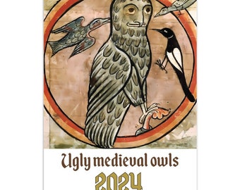 Funny wall calendar 2024, Medieval owl paintings calendar, calendar for pet lovers, bestfriends for Christmas, cat and pet calendar