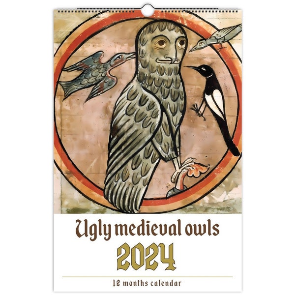 Funny wall calendar 2024, Medieval owl paintings calendar, calendar for pet lovers, bestfriends for Christmas, cat and pet calendar