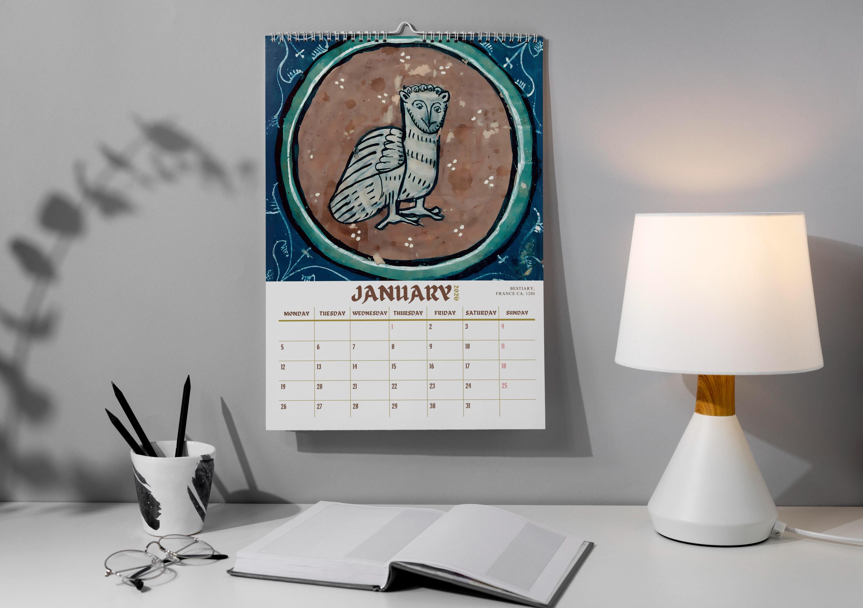 Middeleeuwse foto's 2026 kalender, grappige middeleeuwse fotokalender, grap middeleeuwen foto's wandkalenders, middeleeuwse fotos kalenders voor huis- en kantoordecoratie
