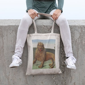 Sac fourre-tout médiéval amusant en toile de coton avec lion, respectueux de l'environnement, mème portrait de lion laid, école, sac à dos, shopping, pliable, cadeau idéal pour ...