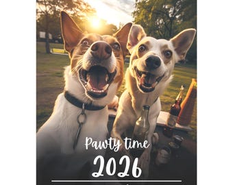 Peut inclure: Calendrier 2026 avec deux chiens souriants. Le texte indique "Pawty time" et "12 month calendar". L'arrière-plan montre un parc avec des bouteilles. Le calendrier est relié par une spirale en haut.