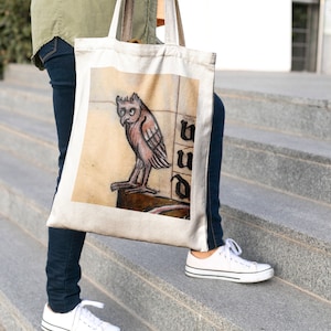 Sac fourre-tout en toile de coton hibou médiéval amusant, respectueux de l'environnement, meme portrait de chouette chouette, école, sac à dos, shopping, pliable, excellent cadeau pour ...