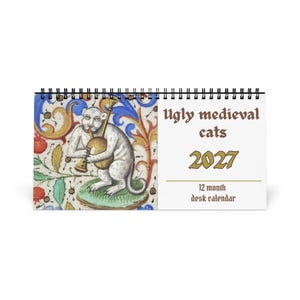 Hilarious desktop calendar 2027 - US&CA version - funny medieval cat paintings calendar for cat lovers, gift for coworker image 1