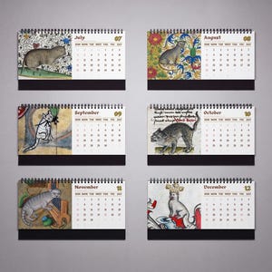 May include: A spiral-bound wall calendar displaying six months from July to December, each page featuring a unique medieval-style illustration of a cat alongside a grid of dates. The pages are set against a plain background, showcasing detailed artwork.