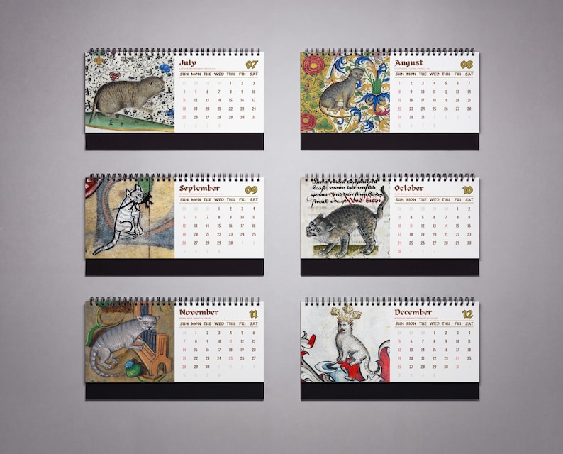 May include: A spiral-bound wall calendar displaying six months from July to December, each page featuring a unique medieval-style illustration of a cat alongside a grid of dates. The pages are set against a plain background, showcasing detailed artwork.