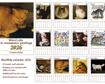 Calendario Da Muro 2026 'Weird Cats In Renaissance' - Gatti Medievali Divertenti, Formato 8.5x11 Pollici, Planner Mensile