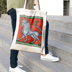Sac fourre-tout médiéval amusant en toile de coton avec lion, respectueux de l'environnement, mème portrait de lion laid, école, sac à dos, shopping, pliable, cadeau idéal pour ...