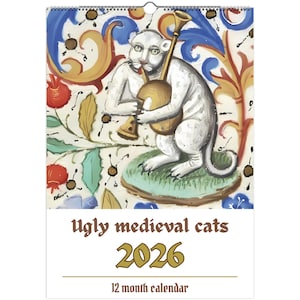 Wall calendar 2026 - EU, UK & AU version - funny mediaval cat paintings calendar for cat lovers, bestfriend gift for Christmas coworker gift