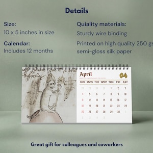 May include: A 10 x 5 inch desk calendar with wire binding, printed on 250 gsm semi-gloss silk paper. The calendar includes 12 months and features an illustration of a monkey wearing a bishop's mitre and holding a staff for the month of April.