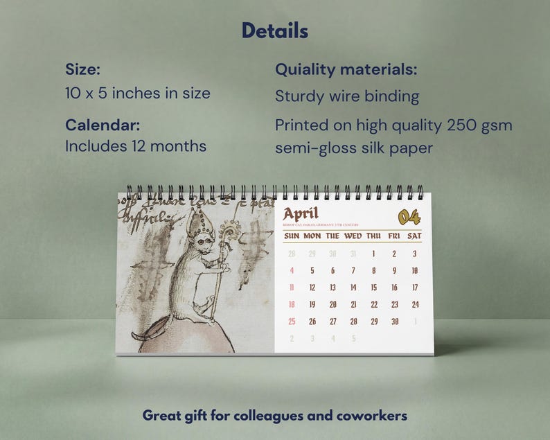 May include: A 10 x 5 inch desk calendar with wire binding, printed on 250 gsm semi-gloss silk paper. The calendar includes 12 months and features an illustration of a monkey wearing a bishop's mitre and holding a staff for the month of April.