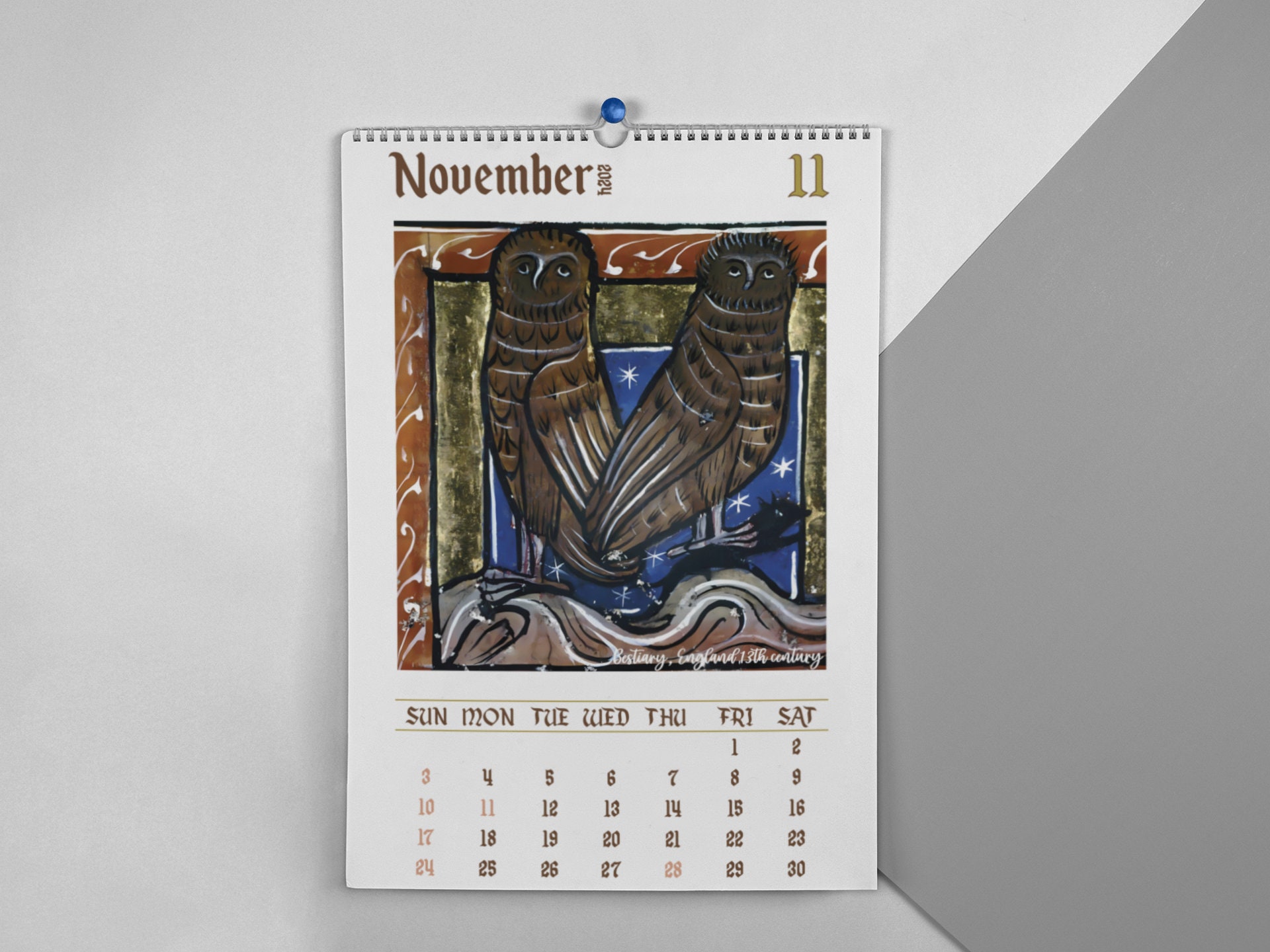 Funny Medieval Owl Paintings Calendar 2024, Calendar for Pet Lovers