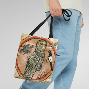 Sac fourre-tout en toile de coton hibou médiéval amusant, entièrement imprimé, meme portrait de chouette chouette, école, sac à dos, shopping, pliable, cadeau idéal pour ..