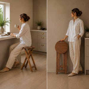 May include: A folding wooden stool with a round seat and cross-legged base. The stool is shown in two configurations: one as a seat for a person and one folded upright in a vertical position, displaying its dark brown wood grain finish.