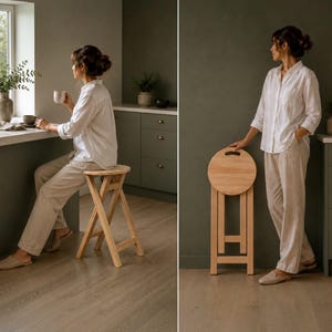 May include: A light-colored wooden folding stool with a circular seat and a cross-leg base. The stool is shown in an open position for seating and in a folded, upright position for storage, featuring a cutout handle on the round seat top.