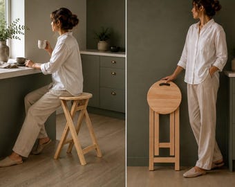Folding Wooden Stool with Handle, Portable Solid Wood Seat