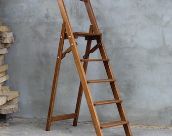 White Wooden Folding Ladder – Slim Solid Wood Stepladder with High Handle | Compact Kitchen & Library Ladder