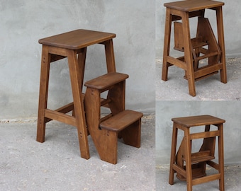 Convertible Wooden Step Stool Ladder Rustic Folding Ladder Seat Handmade Solid Wood Stool with Hidden Steps Retro Farmhouse Style Rustic