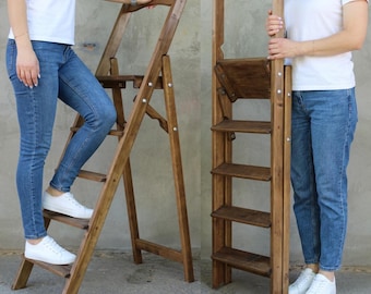 Tall Wooden Folding Ladder – Slim Rustic Stepladder with Handle | Kitchen & Library Ladder