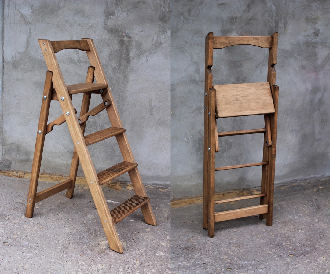 Handmade Wooden Folding Step Ladder – Durable Solid Wood Stepladder for ...