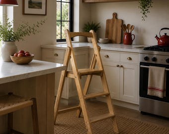 Wooden Folding Step Ladder, Compact Kitchen Ladder for Home and Pantry