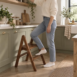 May include: A dark brown wooden step stool with an A-frame design, featuring two horizontal steps and angled legs. The stool is constructed from solid wood with a smooth finish, providing a stable platform for reaching elevated kitchen areas.