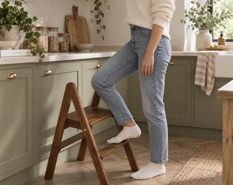 Wooden Folding 2 Step Ladder Stool Solid Wood