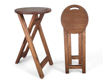 Taburete plegable de madera marrón cálido, taburete plegable de madera con asiento circular, mesa auxiliar, taburete plegable rústico redondo, asiento portátil.