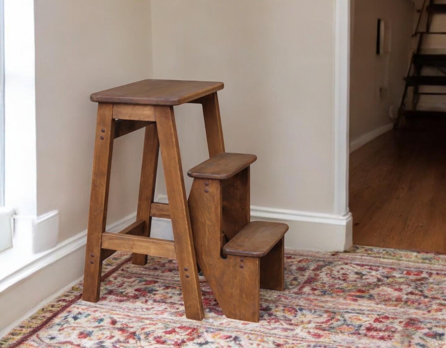 Convertible Wooden Step Stool Ladder Rustic Folding Ladder Seat Convertible Wooden Step Stool Ladder Rustic Folding Ladder Seat