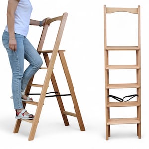 Tall Wooden Folding Step Ladder Natural Slim Stepladder with High Handle for Kitchen, Library, Plant Stand, Photo Prop, Rustic Home Decor