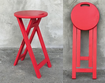 Red Portable Foldable Wooden Stool Round Seat and Convenient Handle - Compact Handcrafted Seating for Modern Living Spaces Stylish Compact