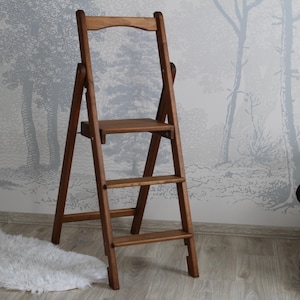 Natural Wood folding Skinny ladder for Kitchen or Library Wooden stepladder with high handle Rustic rung Thin Foot ladder Photography Props