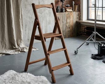 Wood folding ladder for Kitchen or Library, Rustic Thin wooden ladder Photo studio step ladder