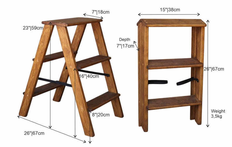 Wood Rung/step Brown Natural Wood Folding Small Ladder for Kitchen or Library Wooden ...