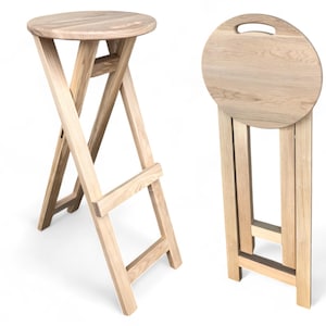 Taburete plegable ligero de madera maciza con asiento circular, asiento con asa plegable, asiento portátil redondo de madera natural para silla de cocina con reposapiés