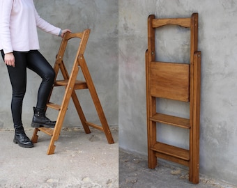 Slim Folding Wooden Step Ladder – 3-Step Solid Wood Stepladder Compact & Sturdy Space-Saving Ladder for Home and Kitchen Handmade ladder