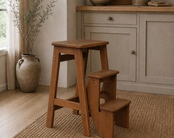 Wooden Folding Step Ladder, Step Stool Chair, Convertible Kitchen Ladder