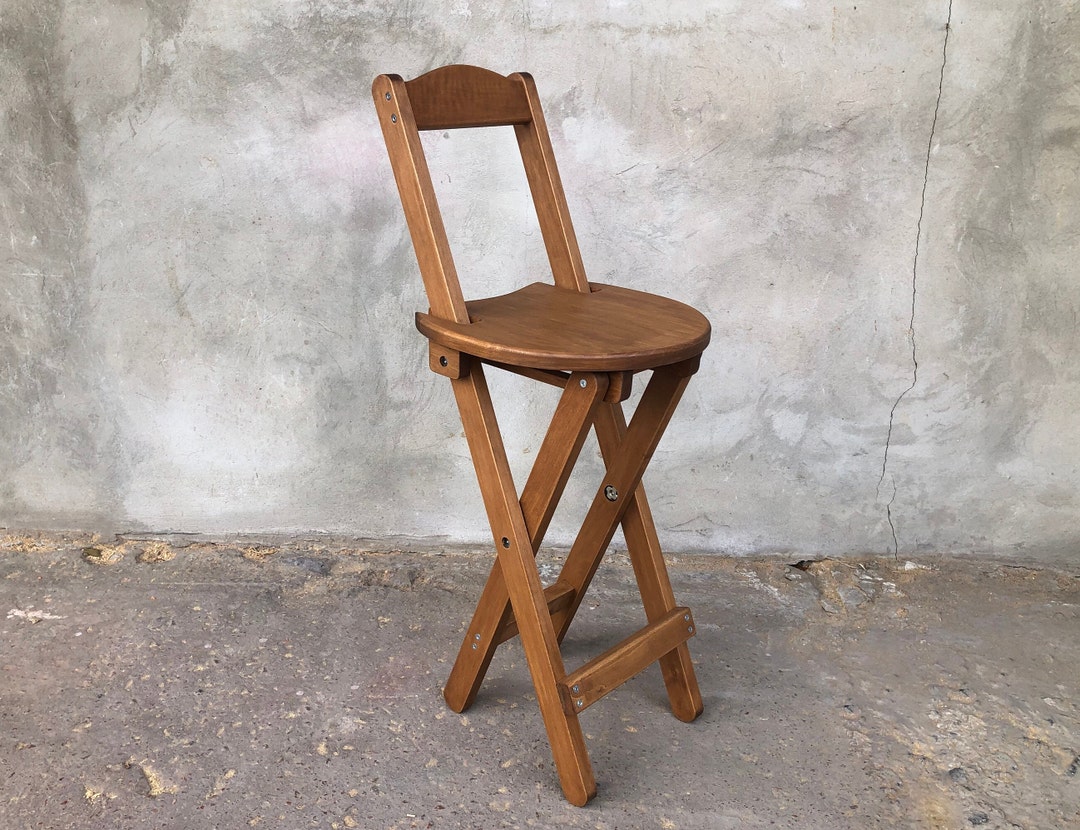 Brown Folding Wooden Barstool With Semiround Seat Etsy