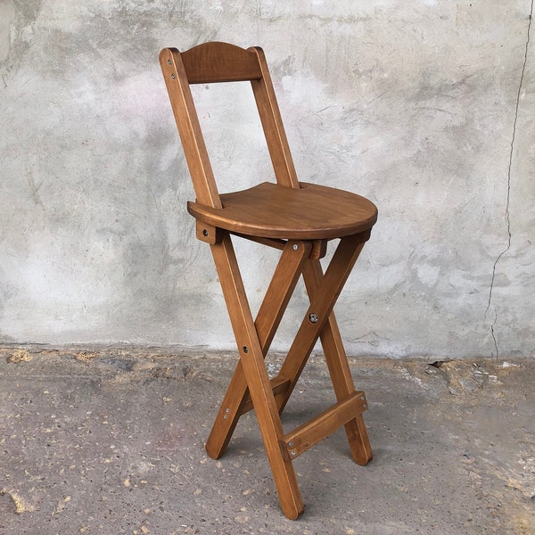 Brown Folding Wooden Barstool with semi-round Seat Space-Saving Elegance Setting Modern Folding Design High Wooden Stylish Foldable Chair