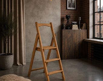 Slim Folding Wooden Step Ladder – 3-Step Solid Wood Stepladder Compact & Sturdy Space-Saving Ladder for Home and Kitchen Handmade ladder