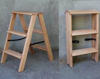 Wooden Folding Step Stool, 3 Step Ladder, Compact Kitchen Library Ladder, Handmade Solid Wood Step Stool, Space Saving