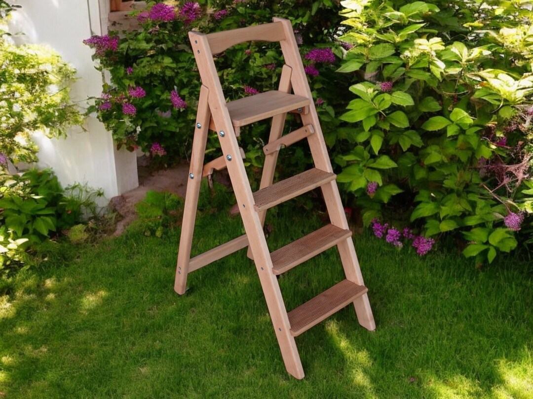 Natural Wood Folding Ladder for Kitchen or Library Wooden Stepladder 4 ...