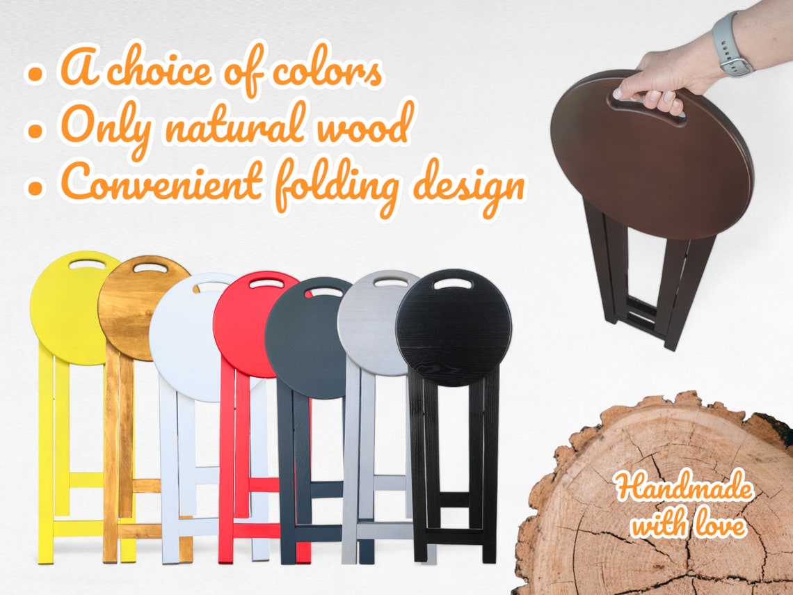 Wooden Folding Stool With PU Cushions - Lightweight Portable Seat