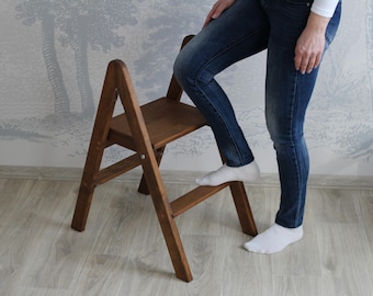 Wooden stepladder Low Natural Wood folding small ladder for Home 2 Step Rustic rung Lightweight Foot ladder Photography Props Wood Seat
