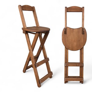 Tall Brown Folding Wooden Barstool with semi-round Seat Space-Saving Solid Wood High Chair for Kitchen Cafe Stool with Backrest and Footrest