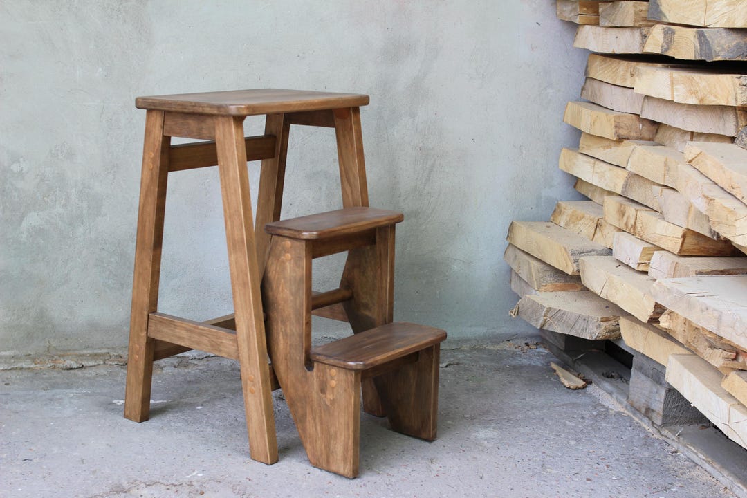 Brown Convertible Wooden Step Stool Ladder Rustic Folding Ladder Seat ...