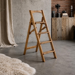 Op de afbeelding: Een inklapbare houten trapladder met vier treden, inclusief een bovenste platform. De ladder heeft een natuurlijke lichtbruine houtnerfafwerking, een stevig A-frame ontwerp met metalen scharnieren en een gebogen handgreep aan de bovenzijde.